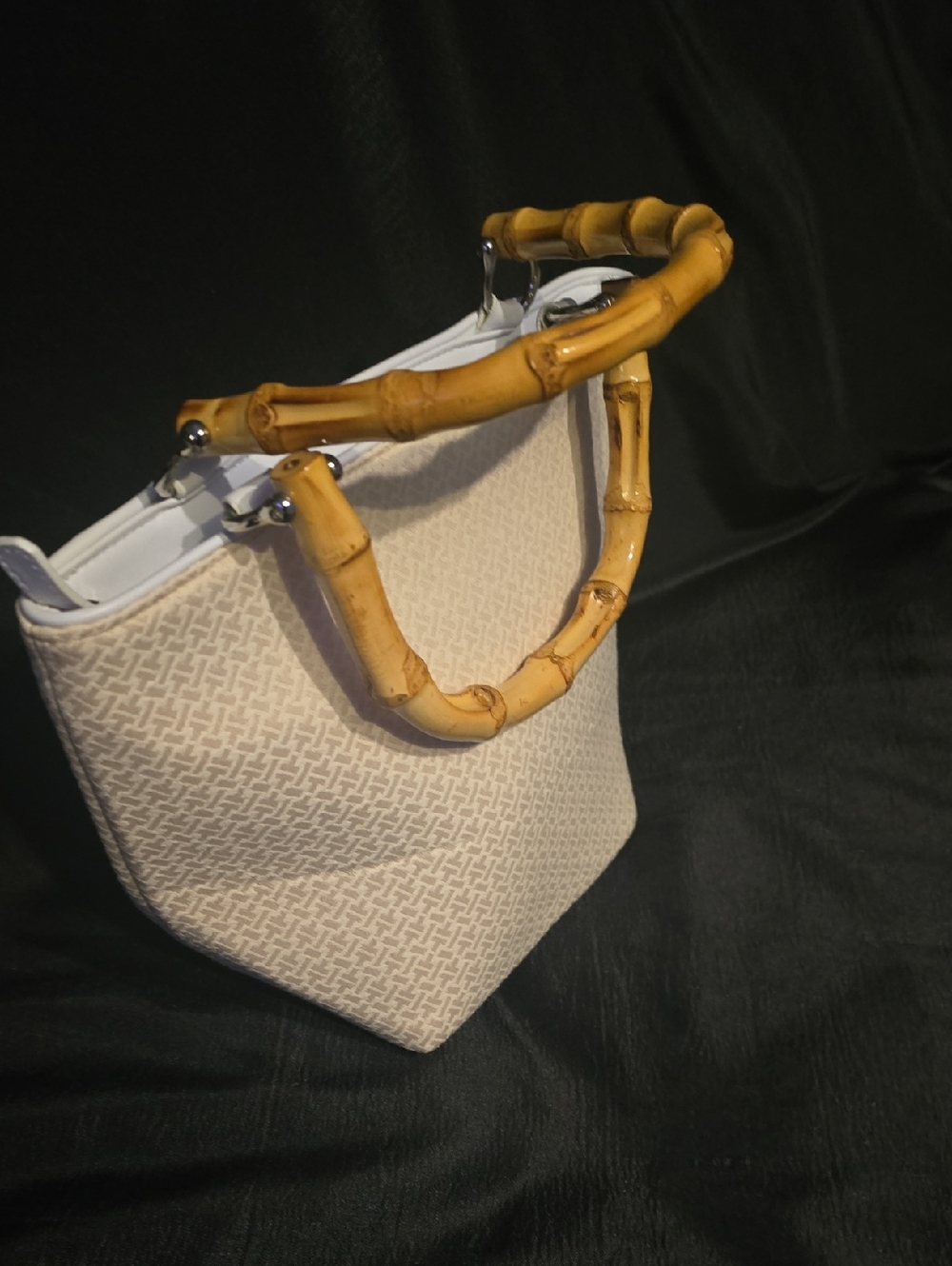 White Woven Tote with Bamboo Handles